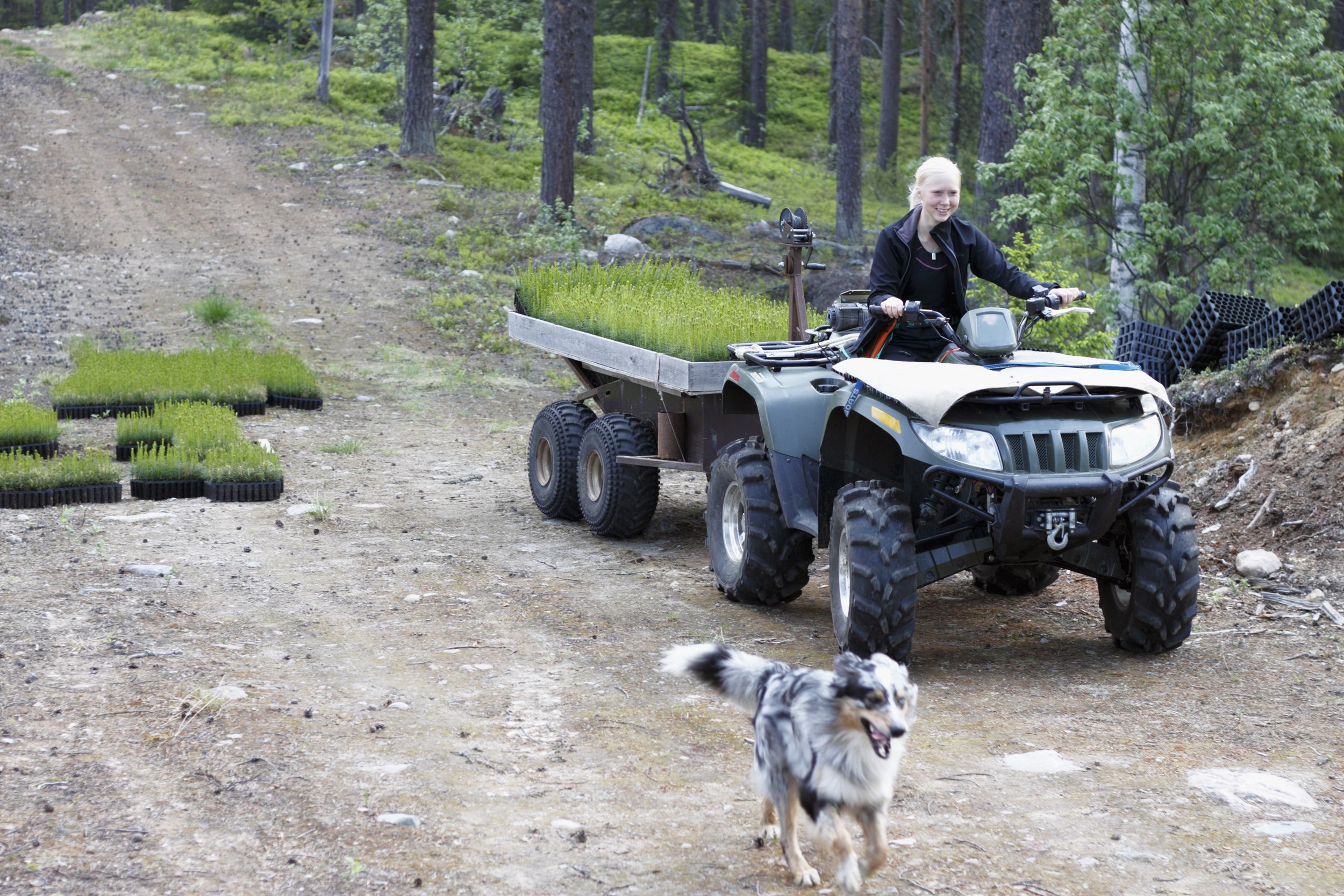 Woman on quad bike with dog running next to her