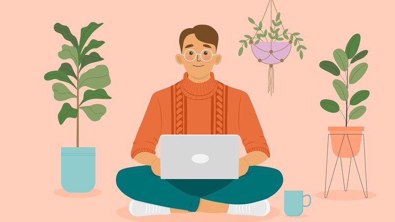 illustration: man with computer and plants around him