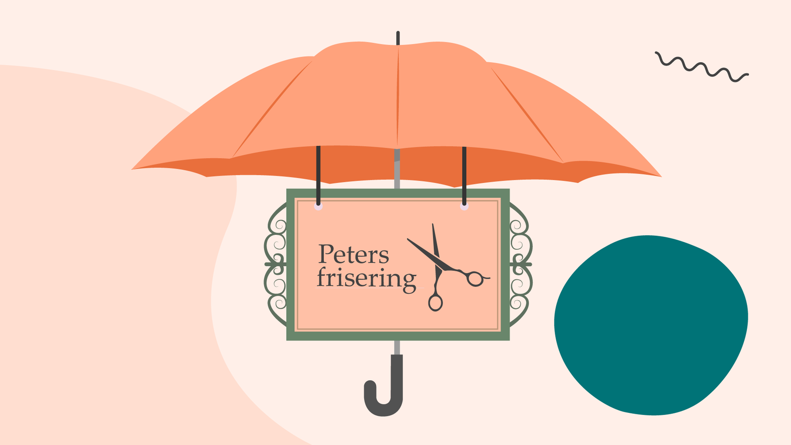 Ett orange paraply över en skylt med ett företagsnamn