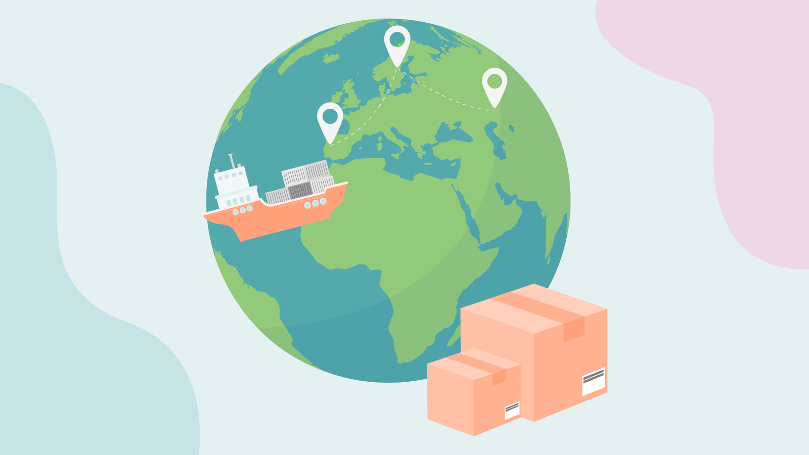 illustration-globe with a cargo ship and packages