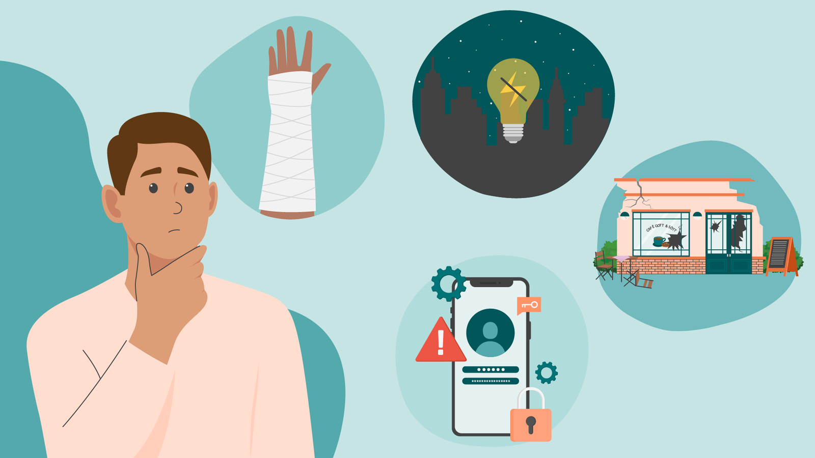 Bekymrad person och blobbar med gipsad arm, glödlampa, mobil och stängd butik