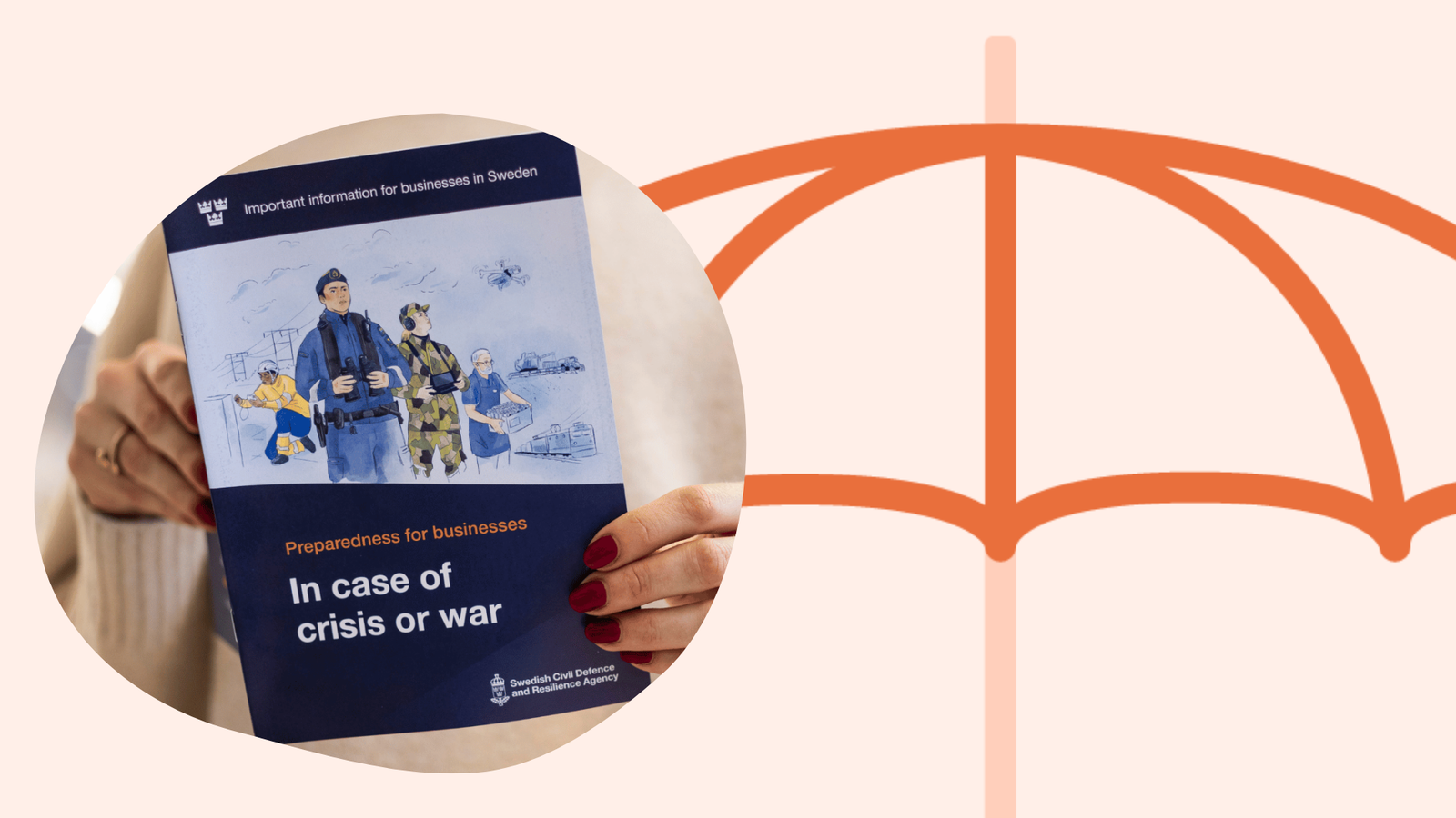 An illustration featuring an umbrella, and the brochure about crisis or war comes